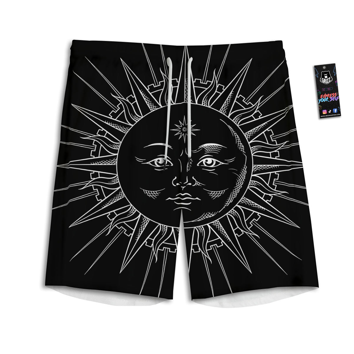 Celestial Sun White And Black Print Men's Athletic Shorts