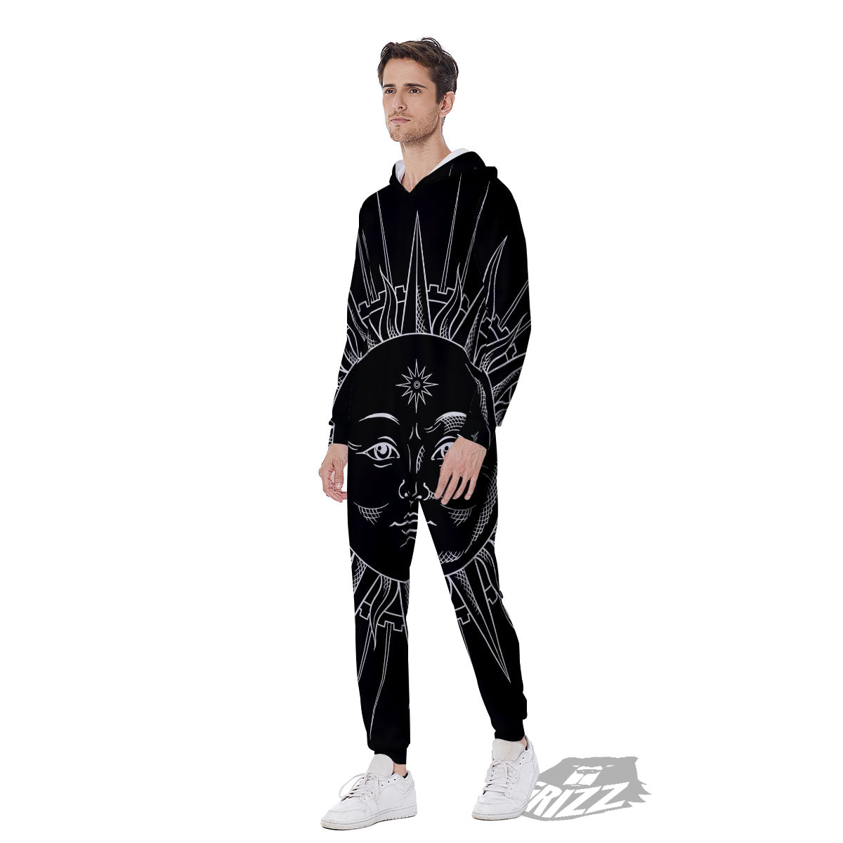 Celestial Sun White And Black Print Men's Jumpsuit-grizzshop