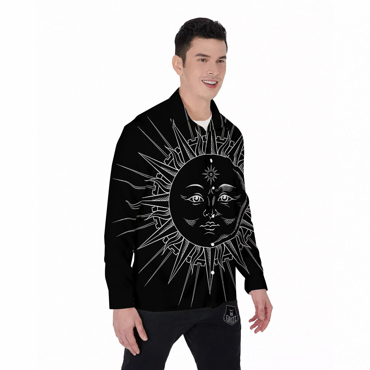Celestial Sun White And Black Print Men's Long Sleeve Shirts-grizzshop