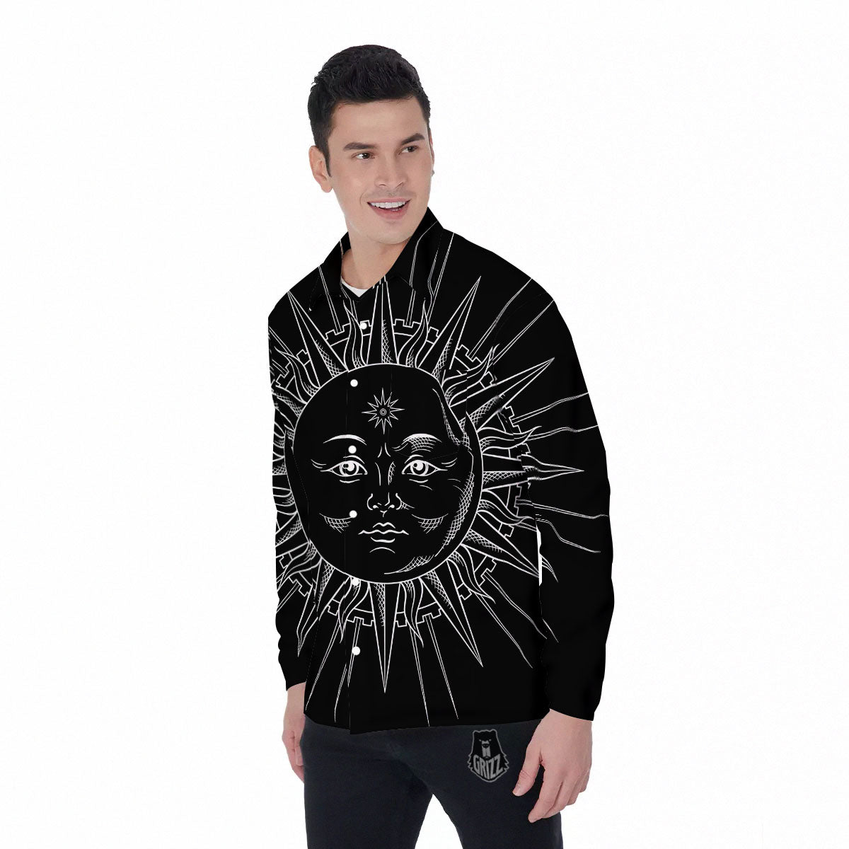 Celestial Sun White And Black Print Men's Long Sleeve Shirts-grizzshop