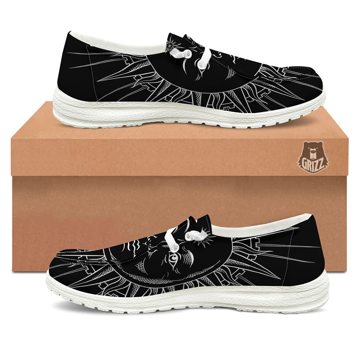 Celestial Sun White And Black Print White Loafers-grizzshop