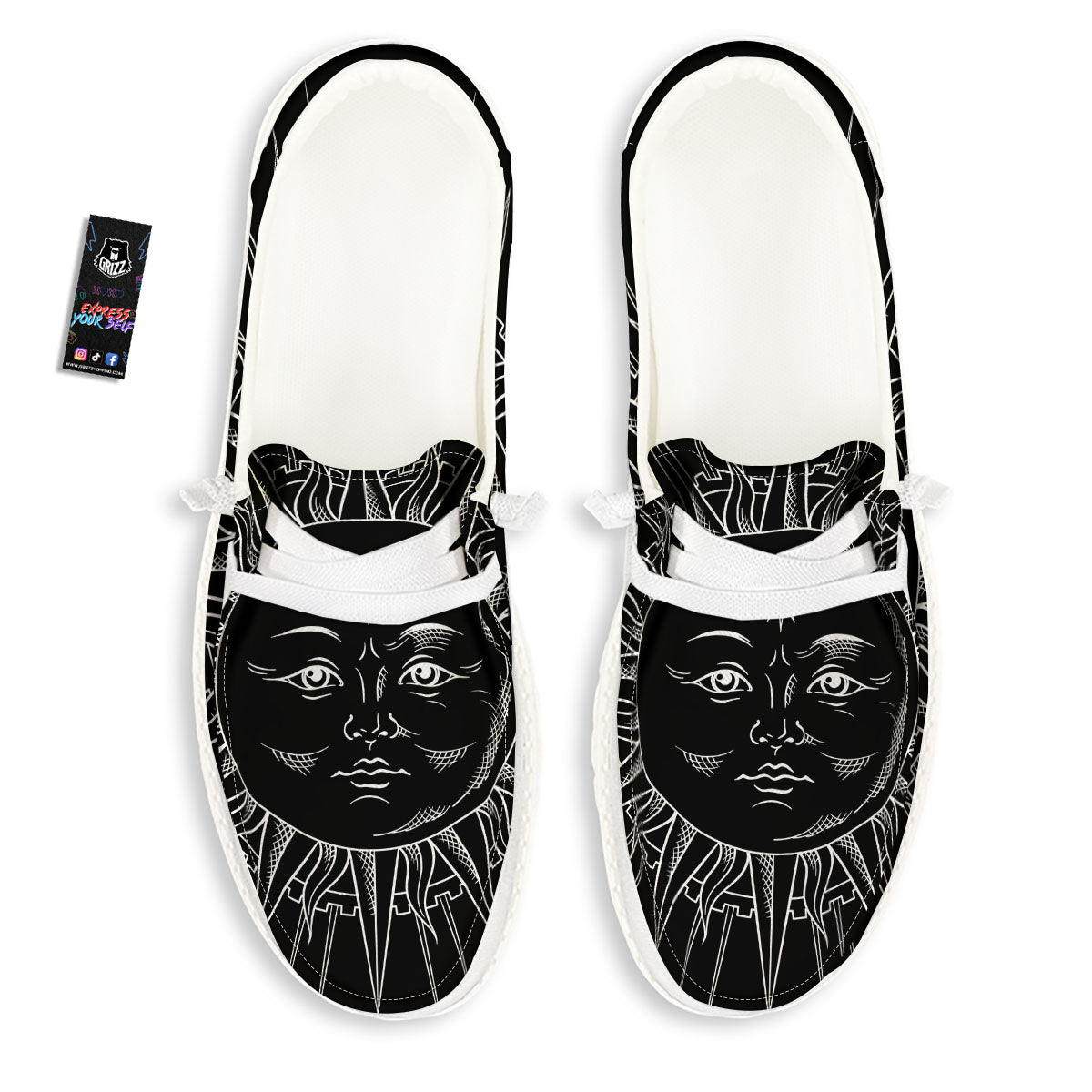 Celestial Sun White And Black Print White Loafers-grizzshop
