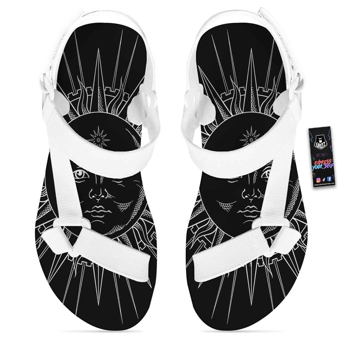Celestial Sun White And Black Print White Open Toe Sandals-grizzshop