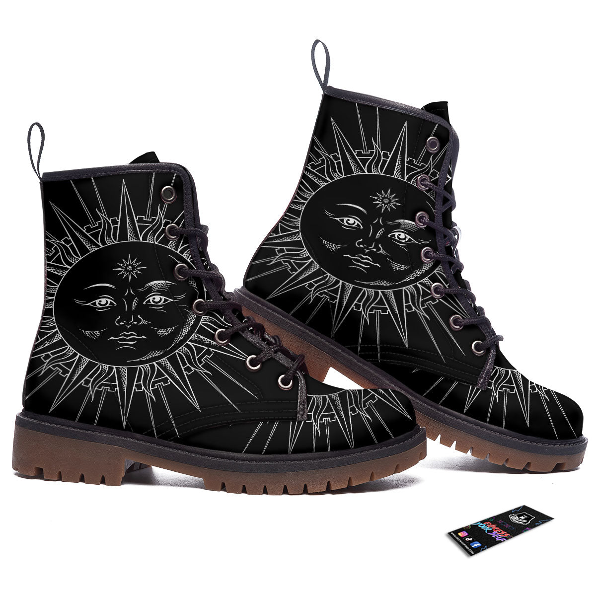 Celestial Sun White And Black Print Work Boots-grizzshop