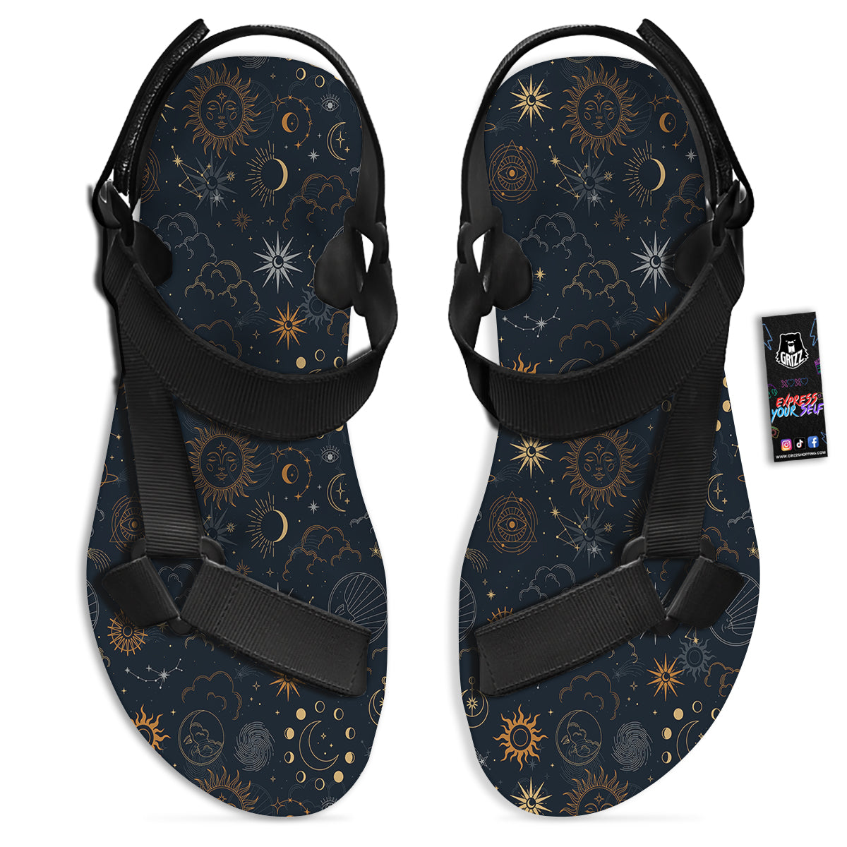 Celestial Vintage Print Pattern Black Open Toe Sandals-grizzshop