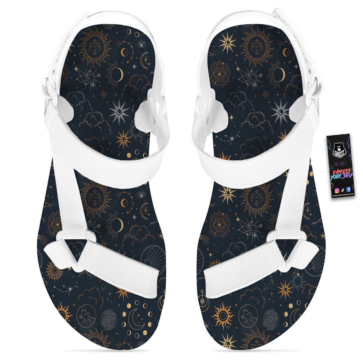 Celestial Vintage Print Pattern White Open Toe Sandals-grizzshop