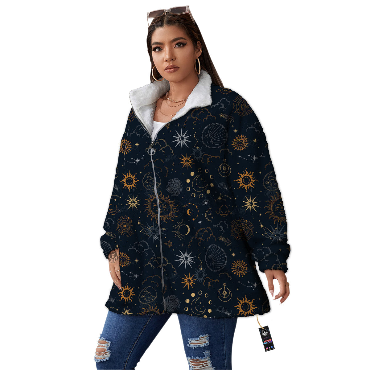 Celestial Vintage Print Pattern Women's Sherpa Jacket-grizzshop