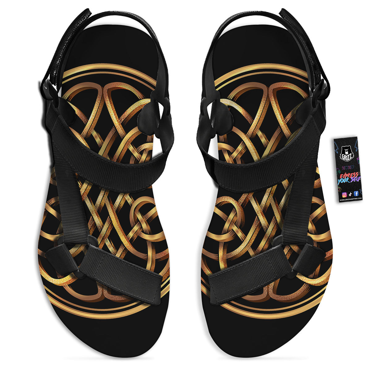 Celtic Knot Golden Print Black Open Toe Sandals-grizzshop