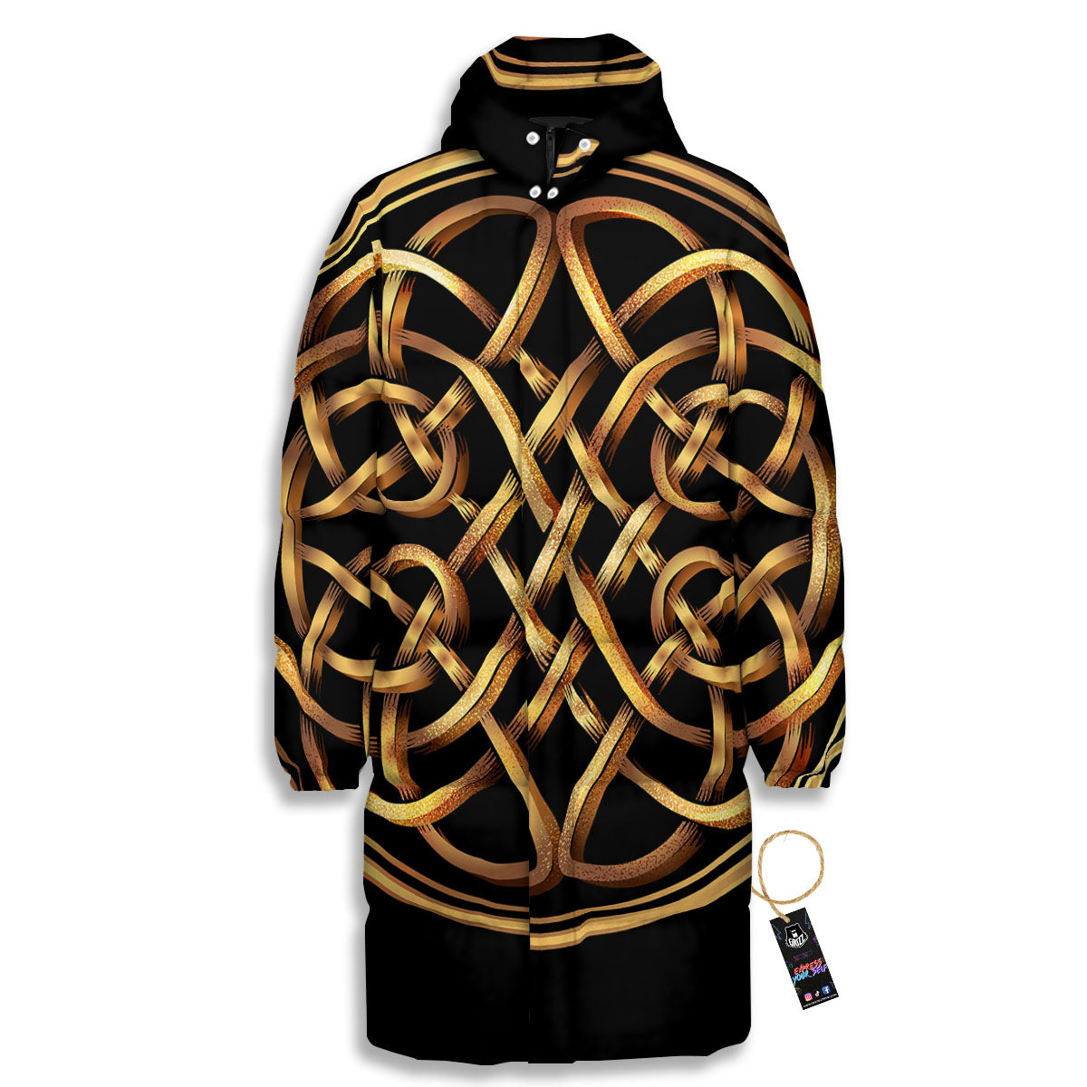 Celtic Knot Golden Print Long Down Jacket-grizzshop