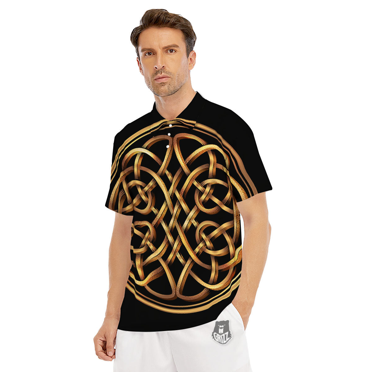 Celtic Knot Golden Print Men's Golf Shirts-grizzshop