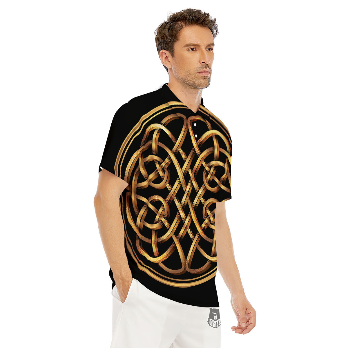 Celtic Knot Golden Print Men's Golf Shirts-grizzshop