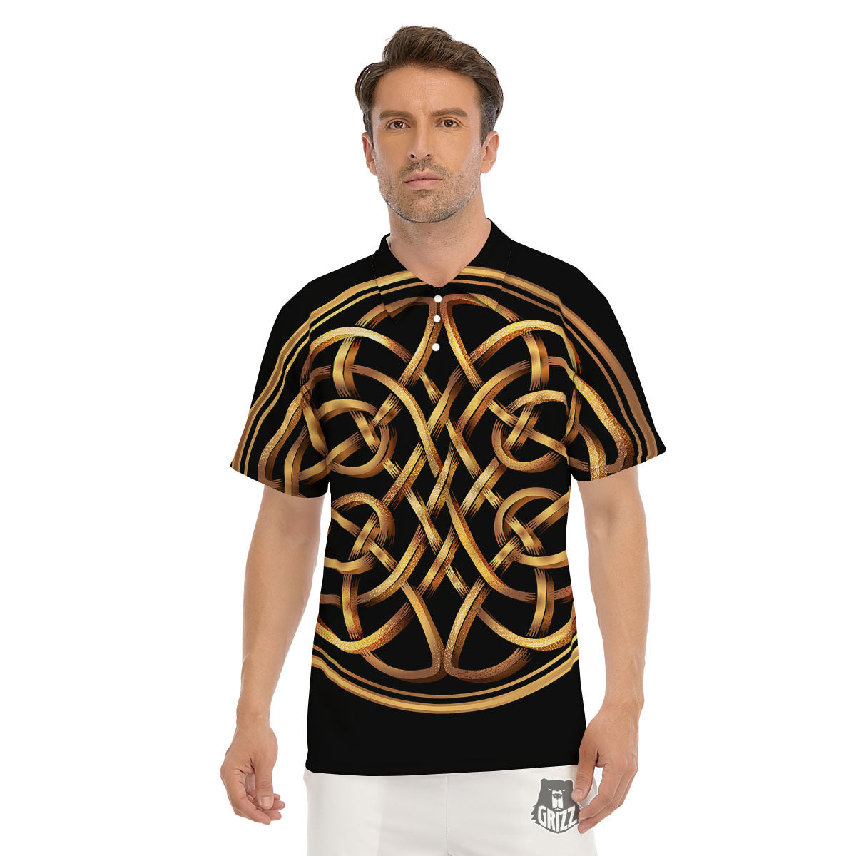 Celtic Knot Golden Print Men's Golf Shirts-grizzshop