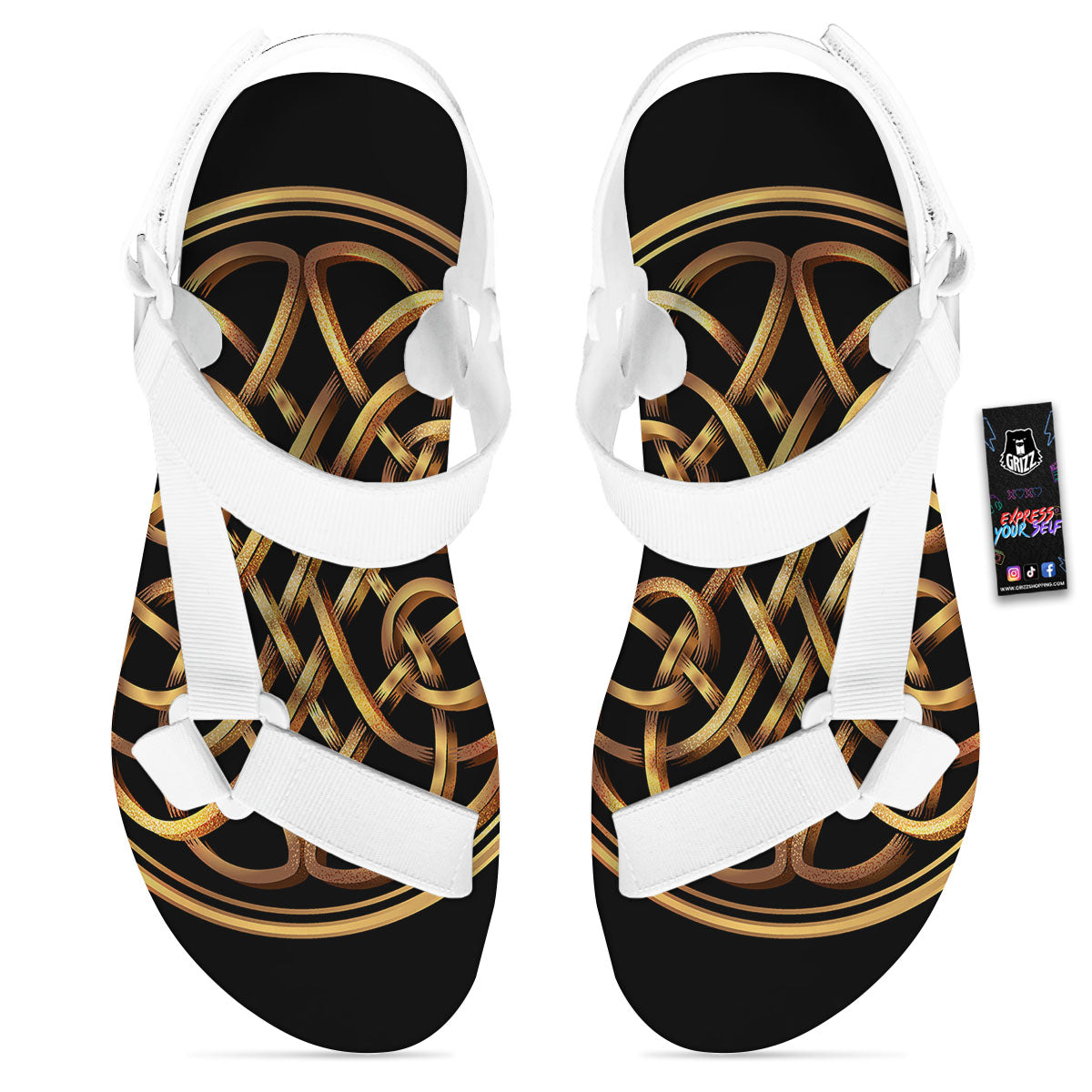 Celtic Knot Golden Print White Open Toe Sandals-grizzshop