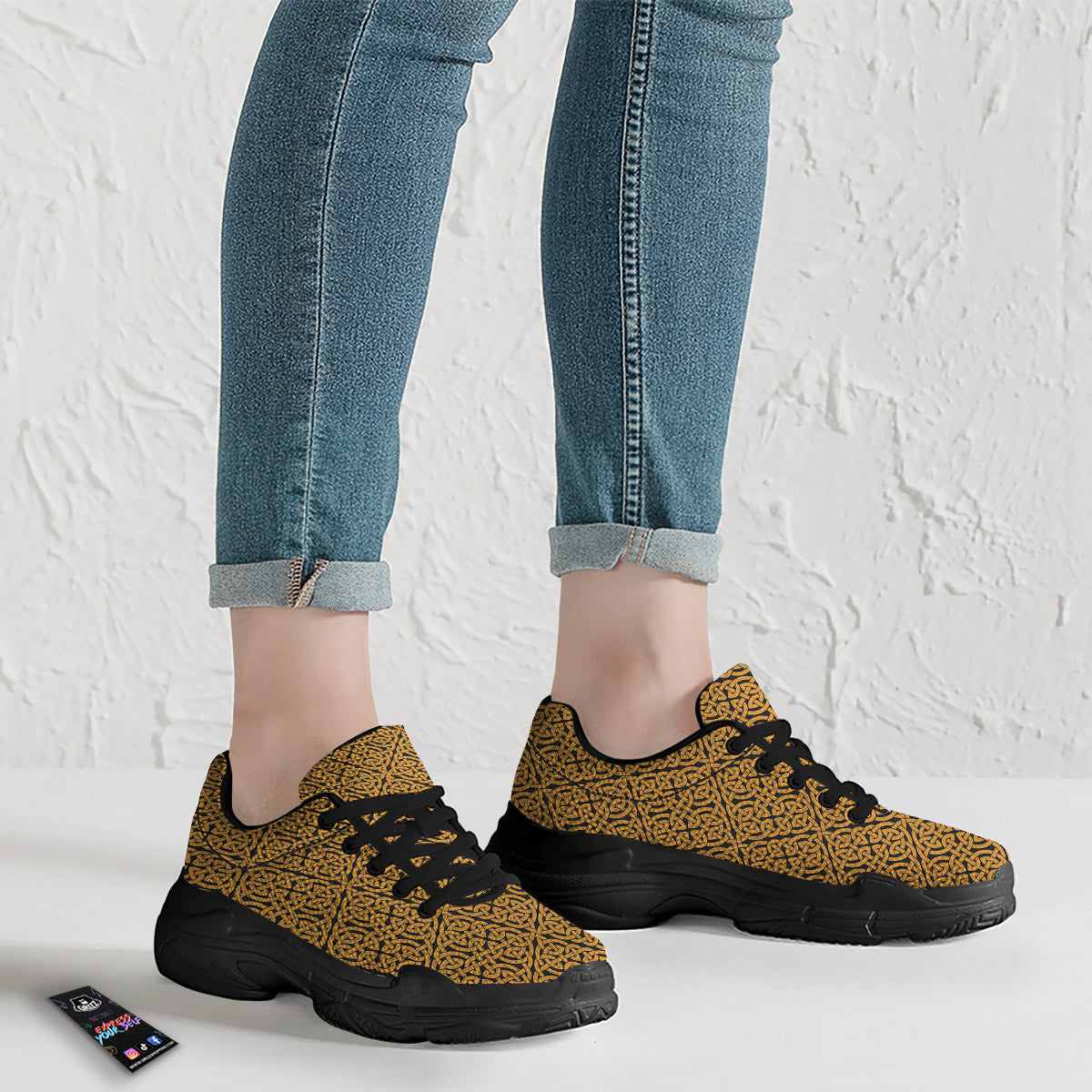 Celtic Knot Print Pattern Black Chunky Shoes-grizzshop