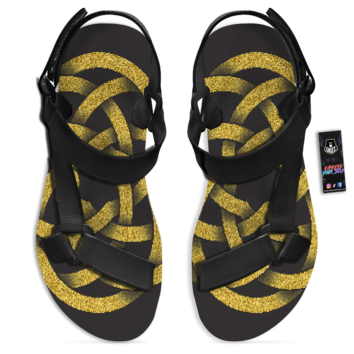 Celtic Knot Symbol Gold Circle Print Black Open Toe Sandals-grizzshop