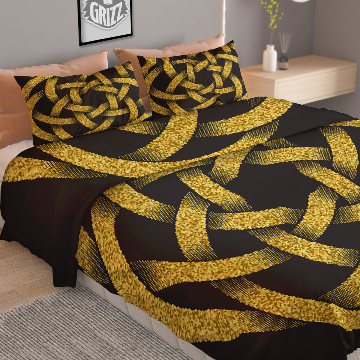 Celtic Knot Symbol Gold Circle Print Duvet Cover Bedding Set