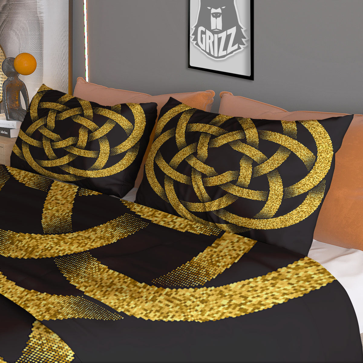 Celtic Knot Symbol Gold Circle Print Duvet Cover Bedding Set