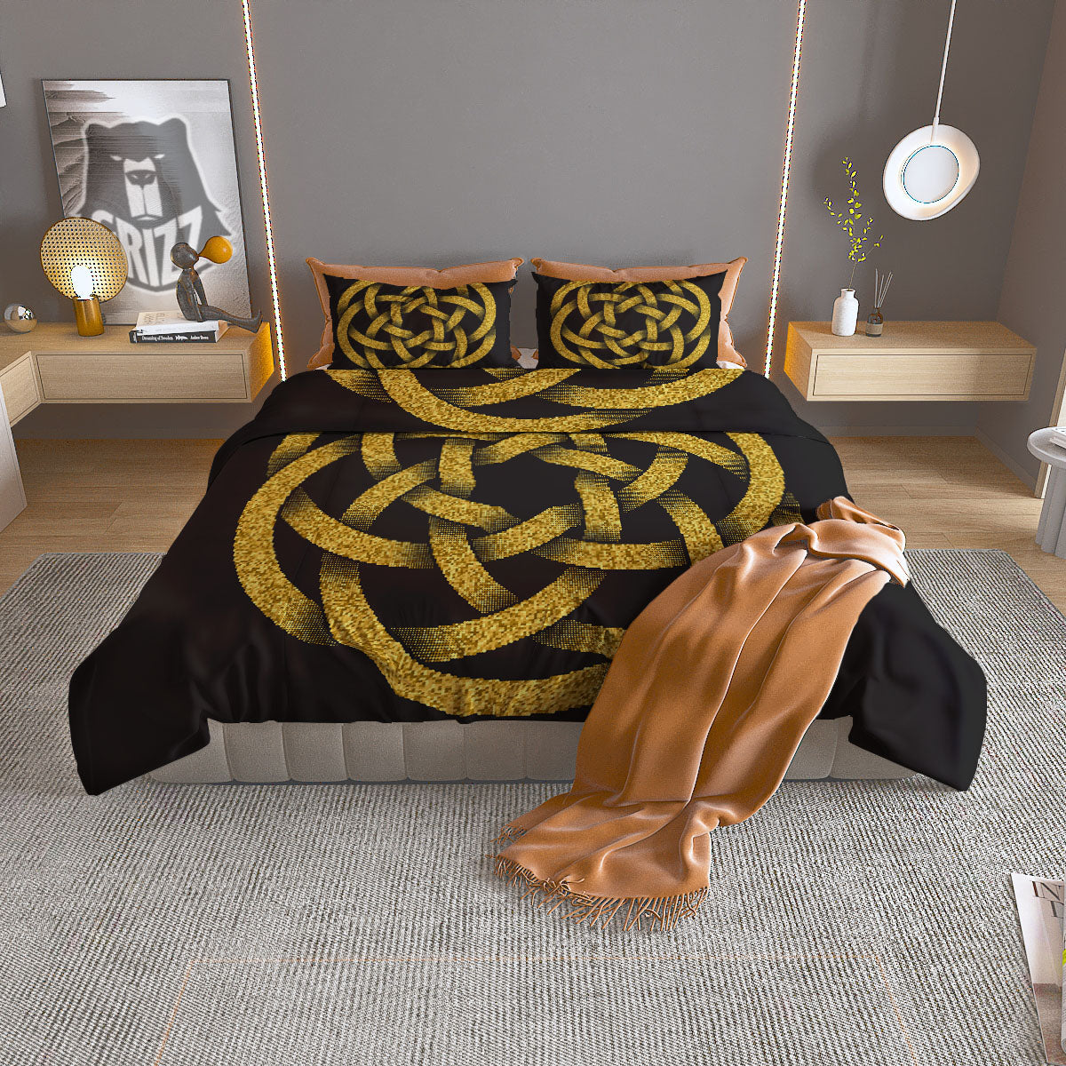 Celtic Knot Symbol Gold Circle Print Duvet Cover Bedding Set