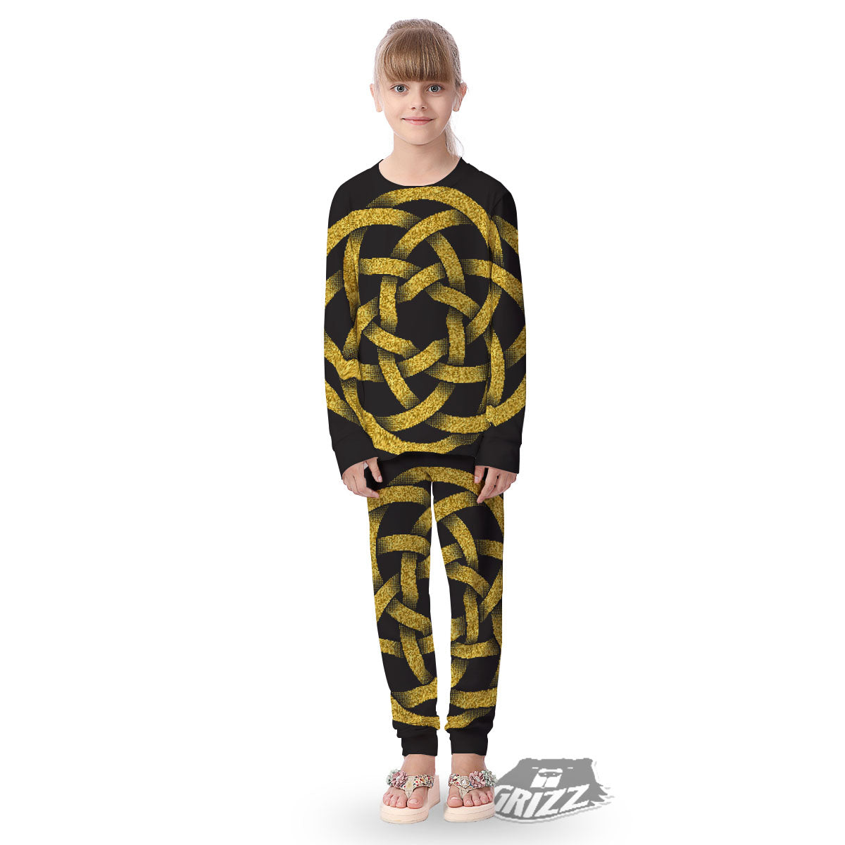 Celtic Knot Symbol Gold Circle Print Kid's Pajamas-grizzshop