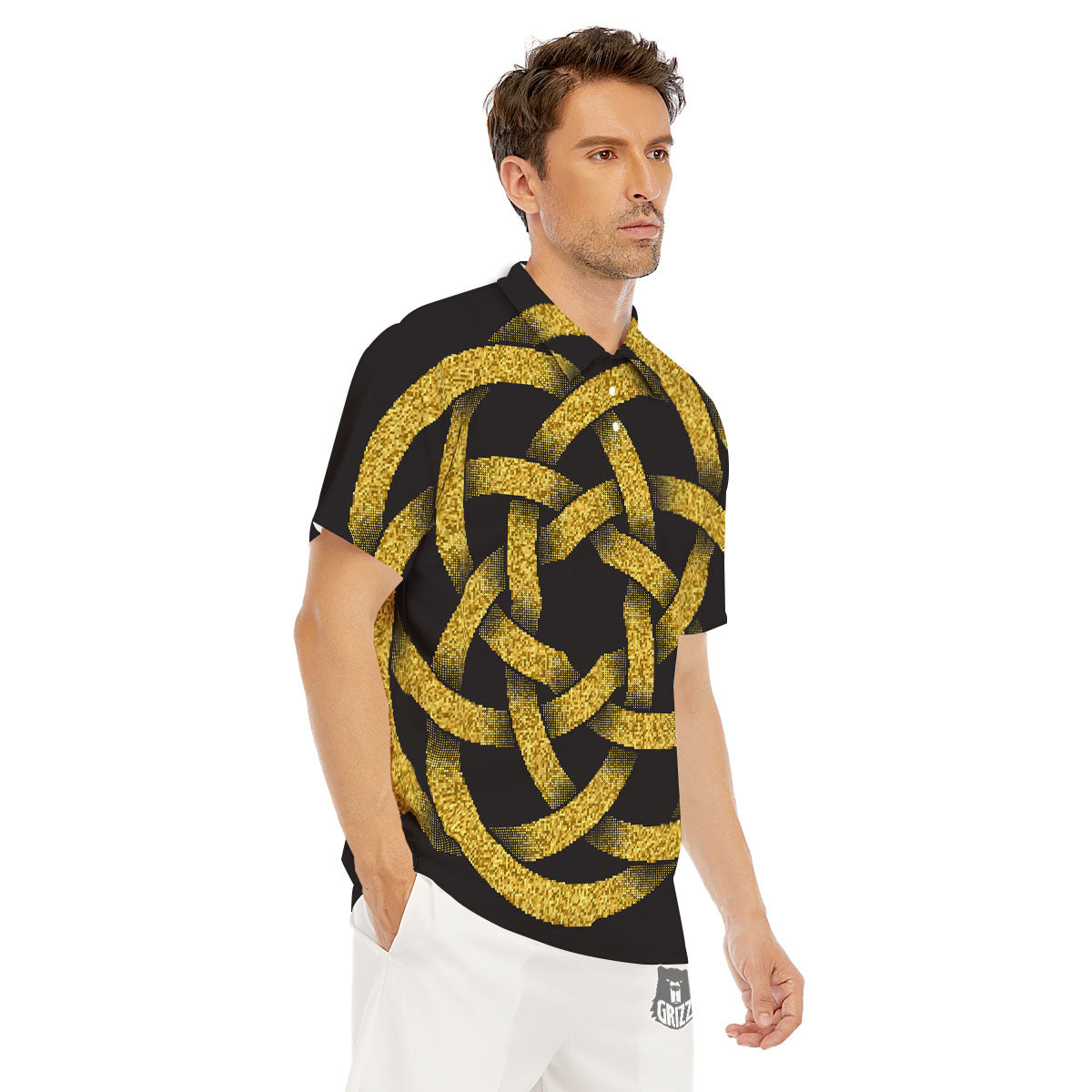Celtic Knot Symbol Gold Circle Print Men's Golf Shirts-grizzshop