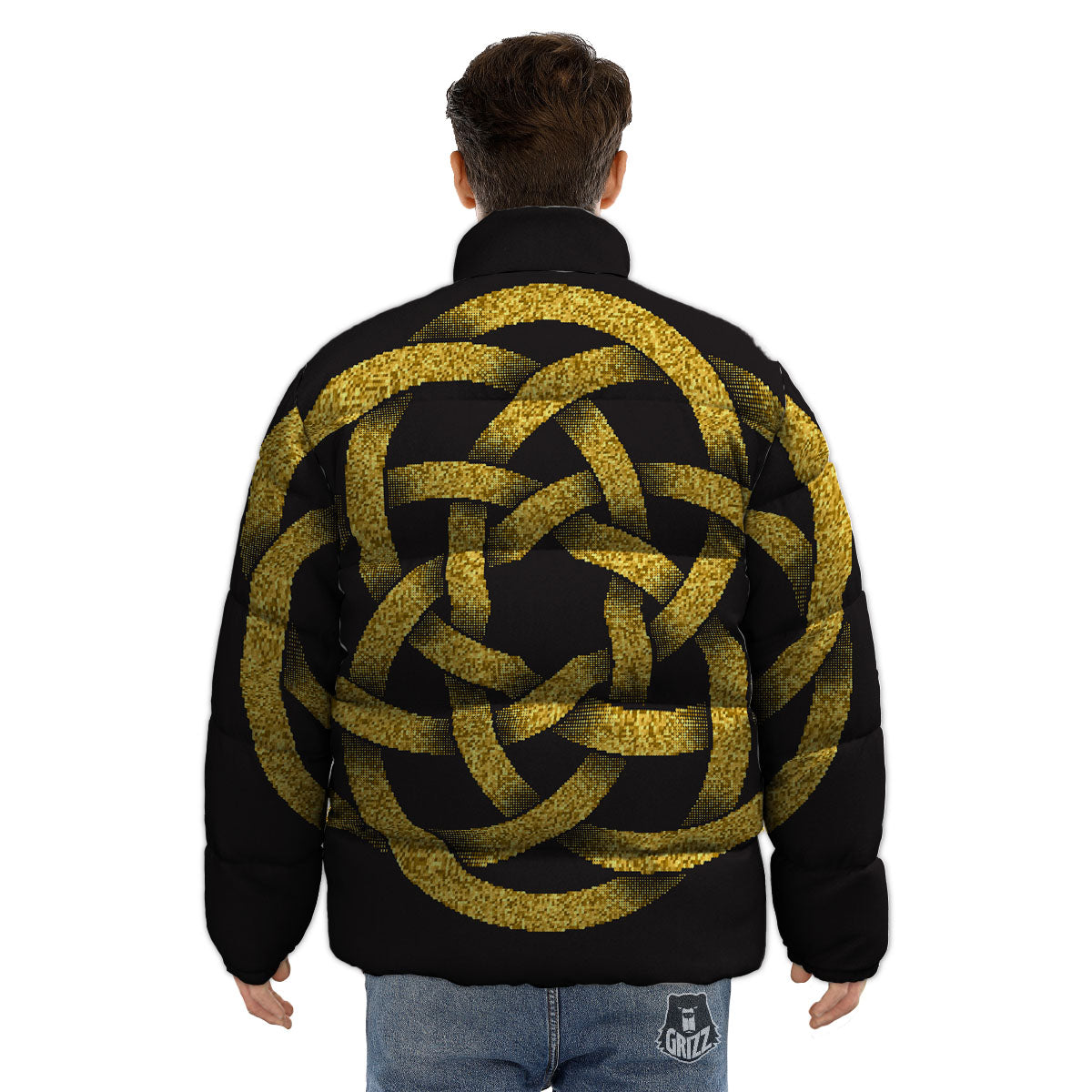 Celtic Knot Symbol Gold Circle Print Puffer Jacket-grizzshop