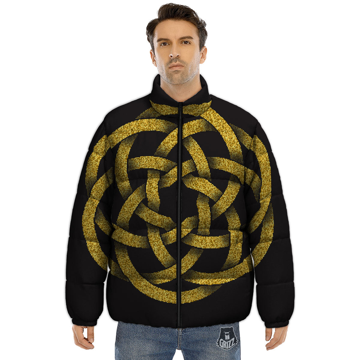 Celtic Knot Symbol Gold Circle Print Puffer Jacket-grizzshop