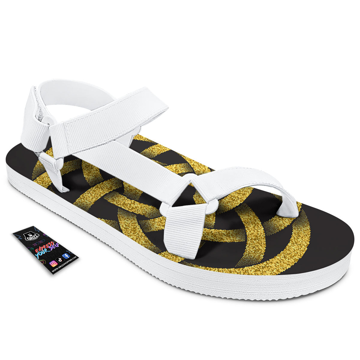 Celtic Knot Symbol Gold Circle Print White Open Toe Sandals-grizzshop