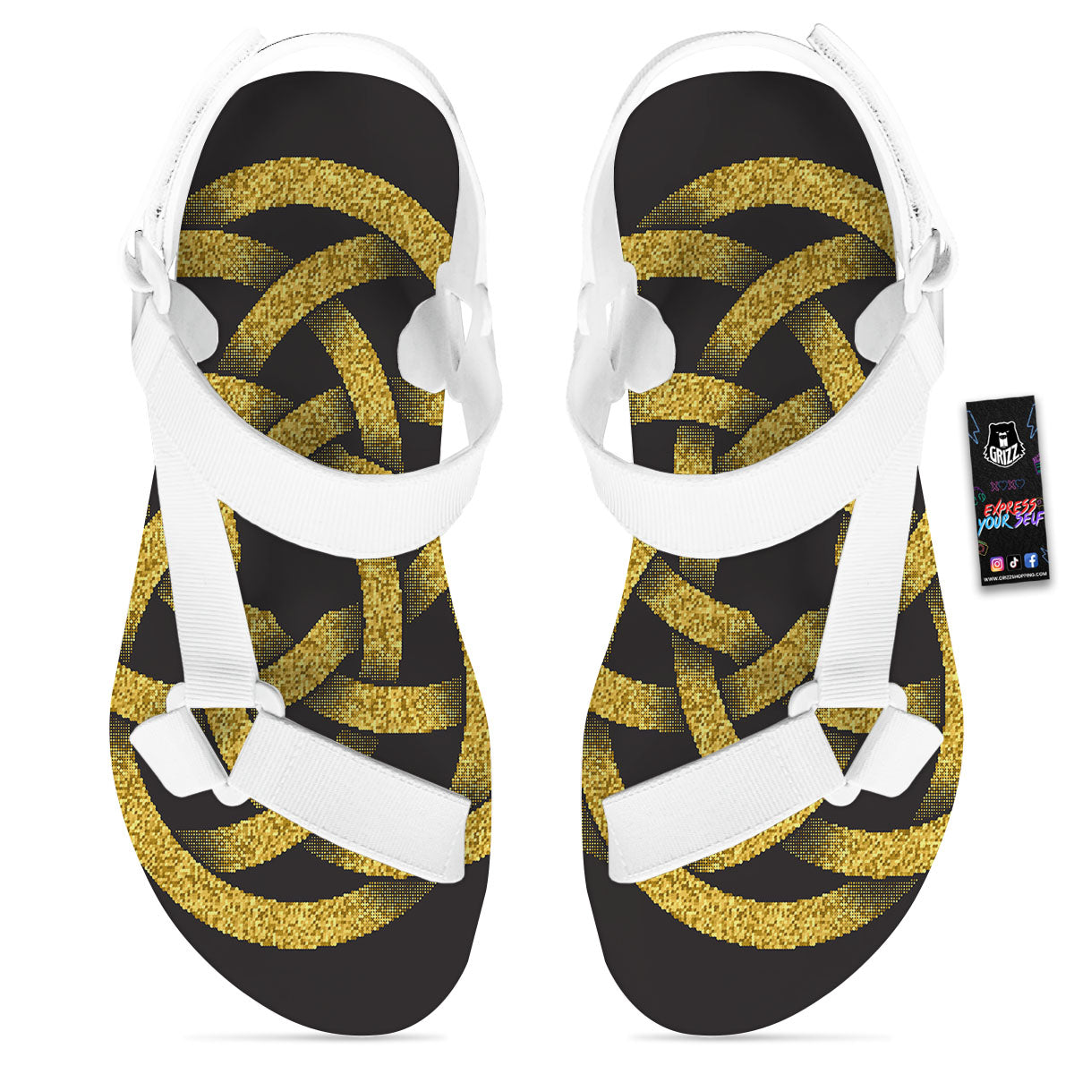 Celtic Knot Symbol Gold Circle Print White Open Toe Sandals-grizzshop
