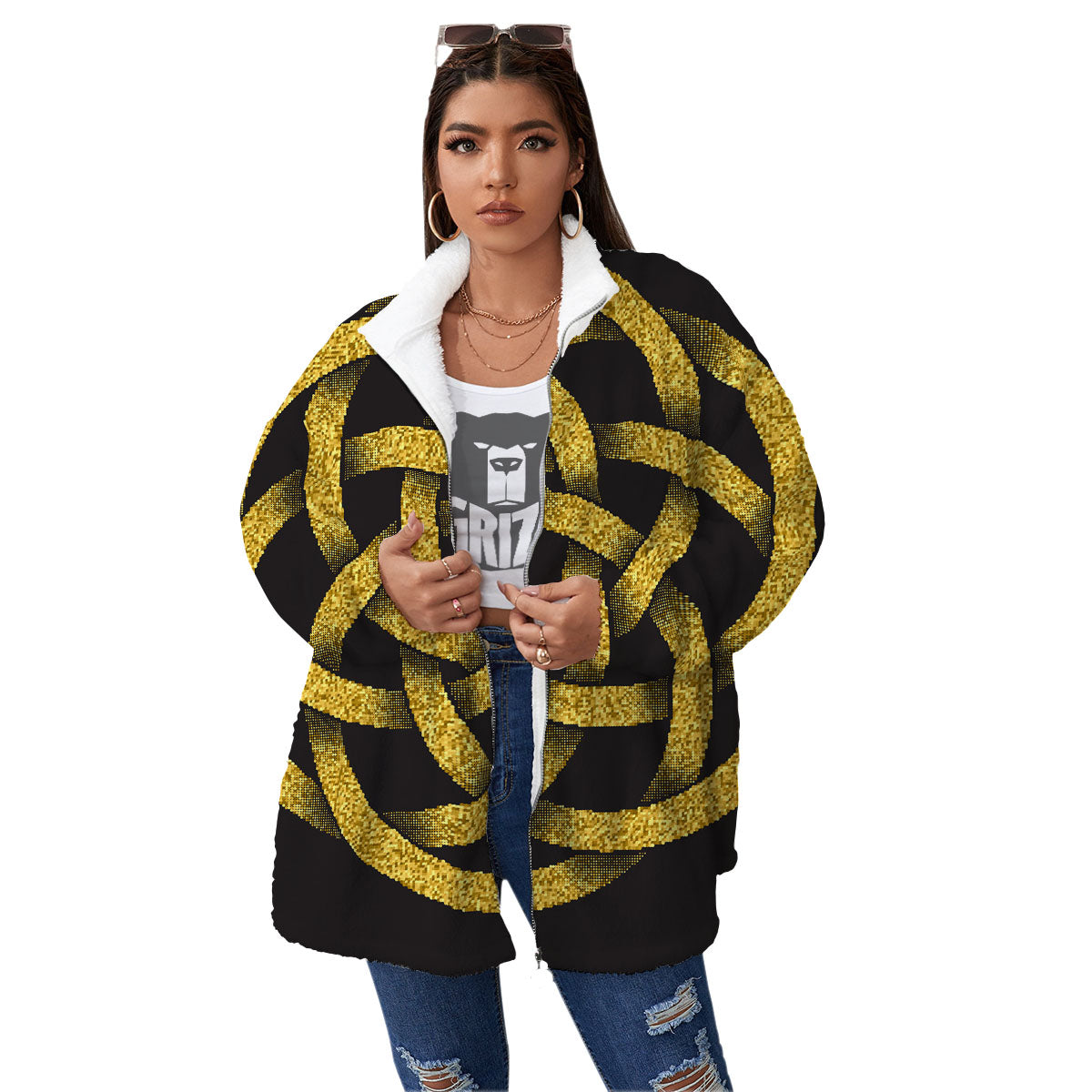 Celtic Knot Symbol Gold Circle Print Women's Sherpa Jacket-grizzshop