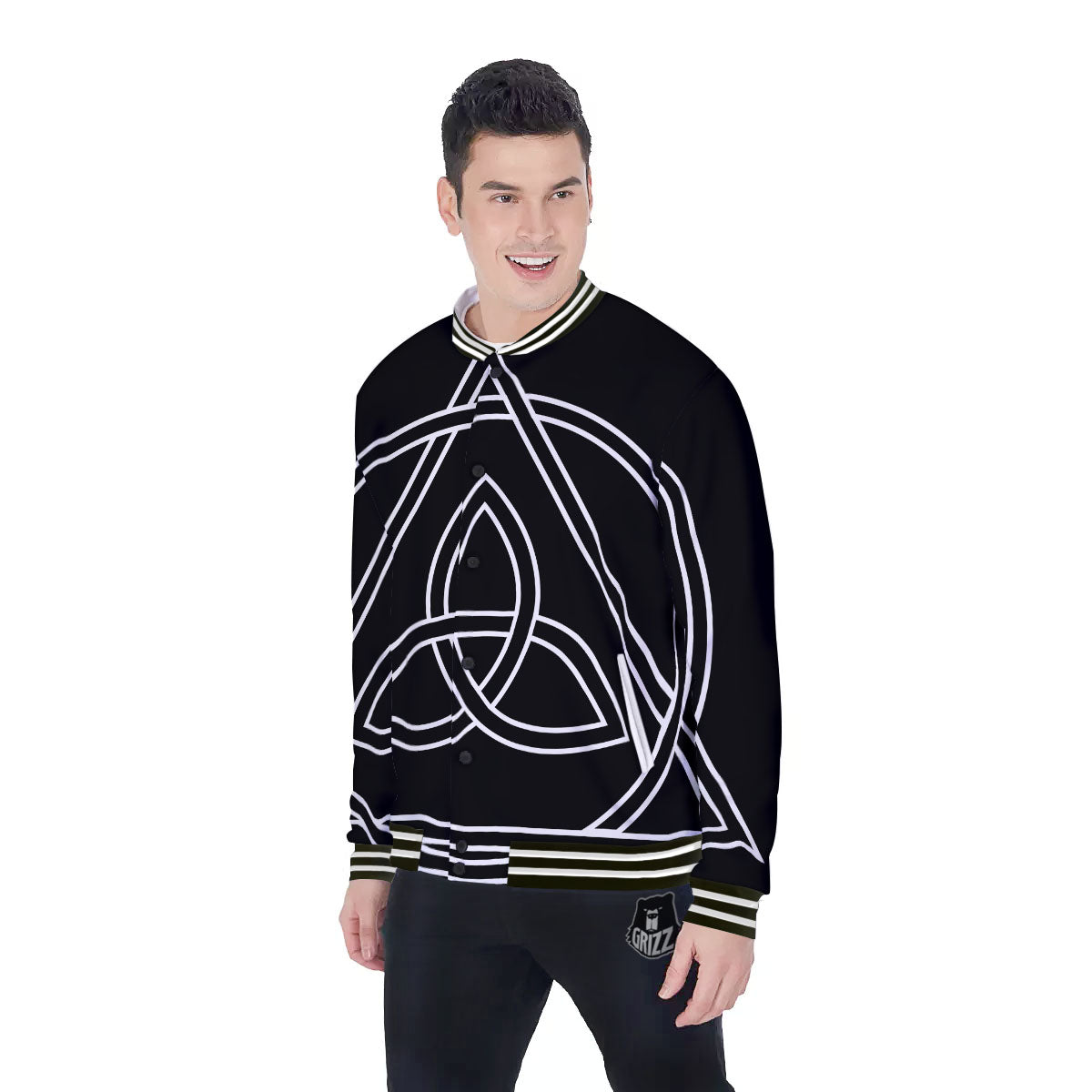 Celtic Knot White And Black Print Baseball Jacket-grizzshop