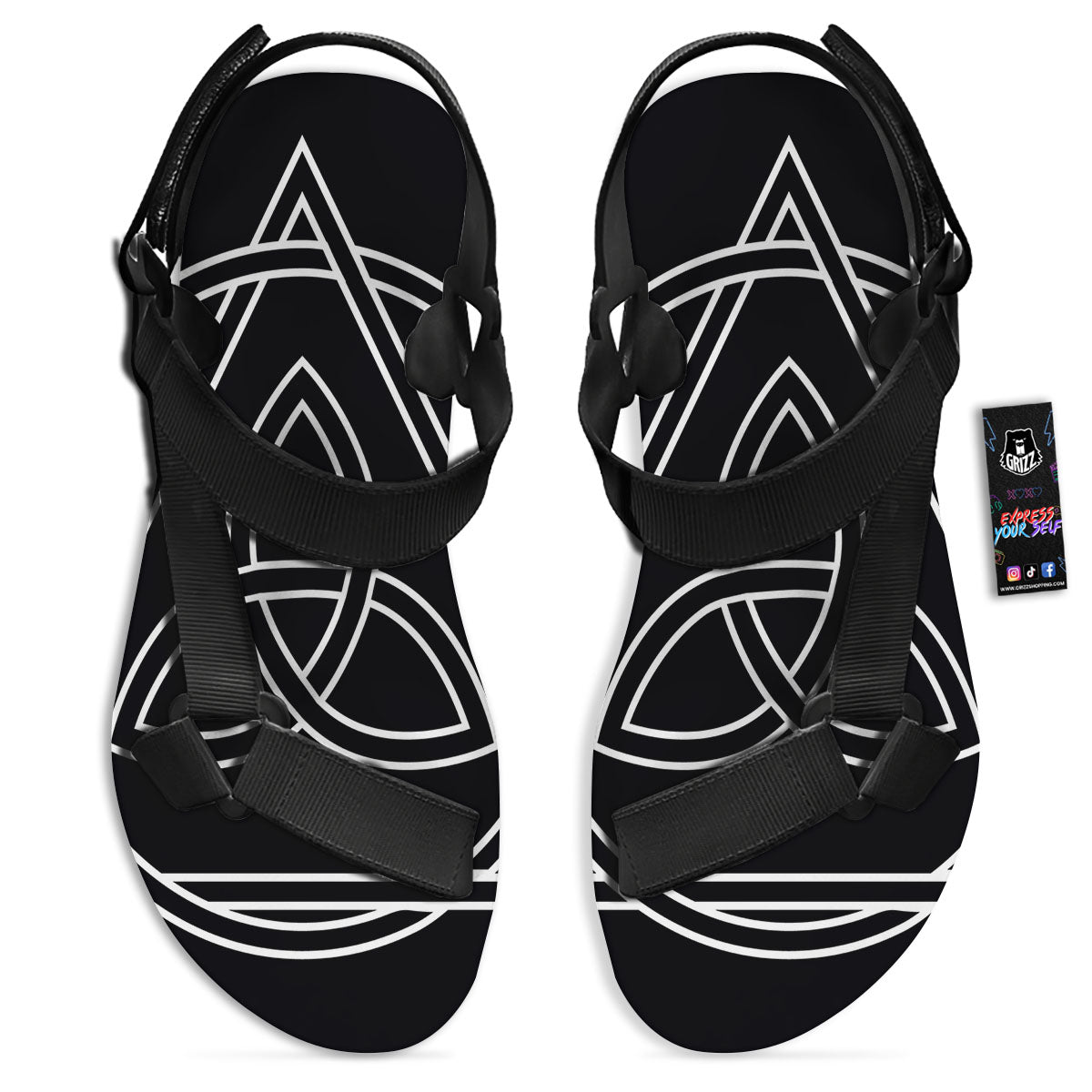 Celtic Knot White And Black Print Black Open Toe Sandals-grizzshop