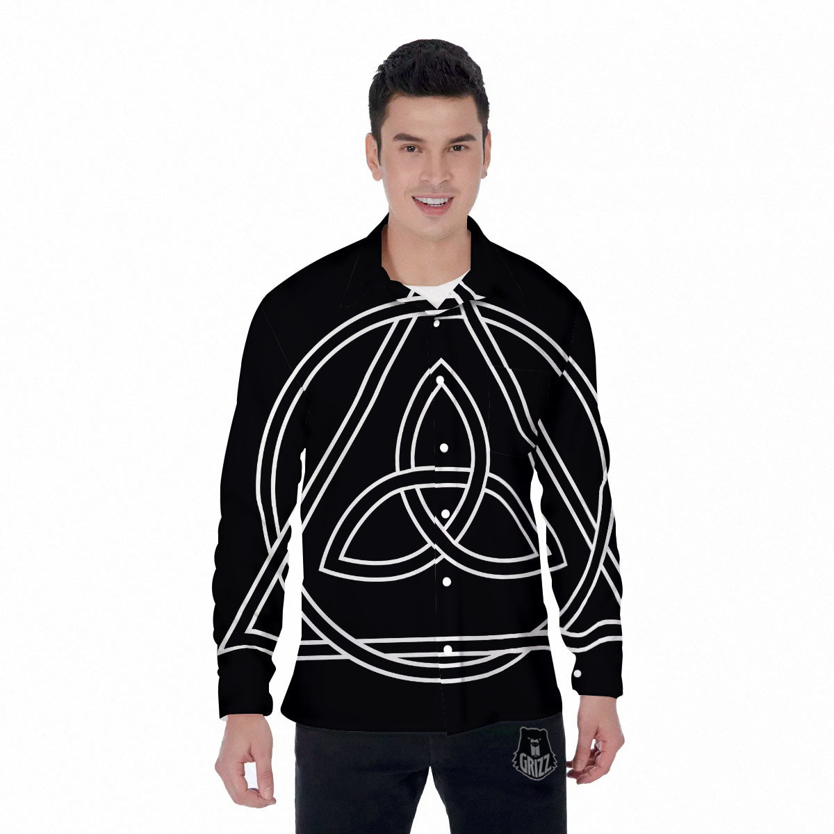 Celtic Knot White And Black Print Men's Long Sleeve Shirts-grizzshop