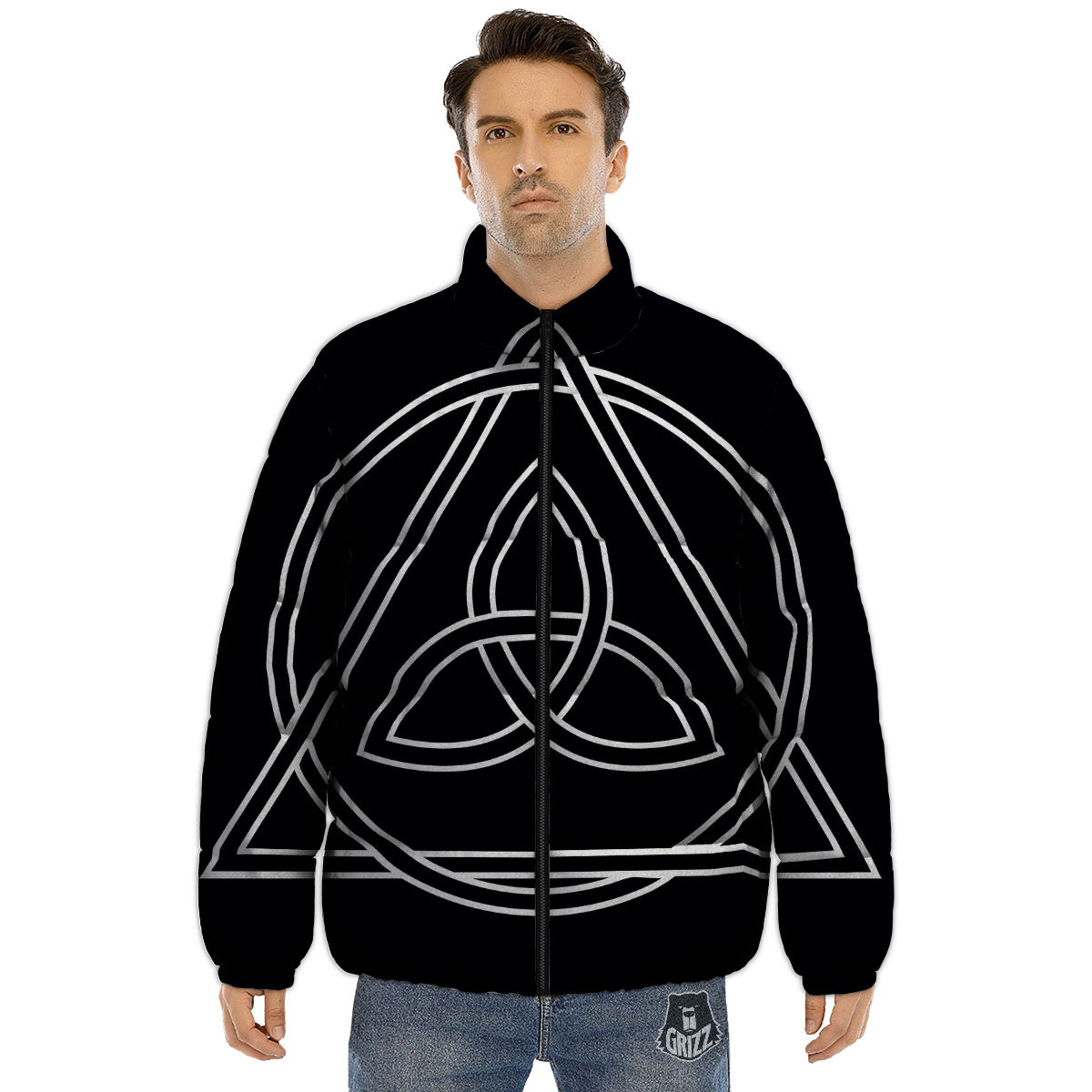 Celtic Knot White And Black Print Puffer Jacket-grizzshop