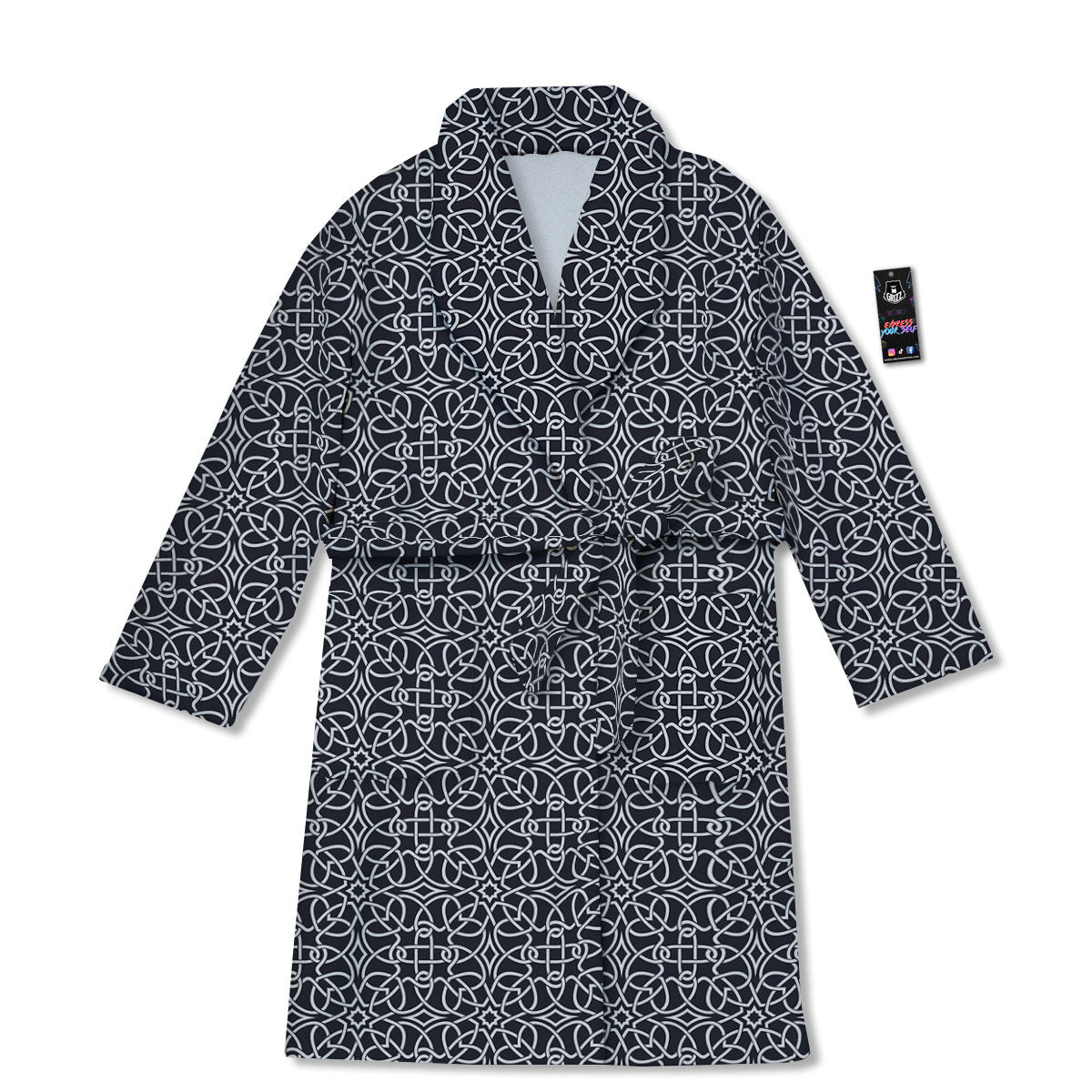 Celtic White And Black Print Pattern Bathrobe-grizzshop