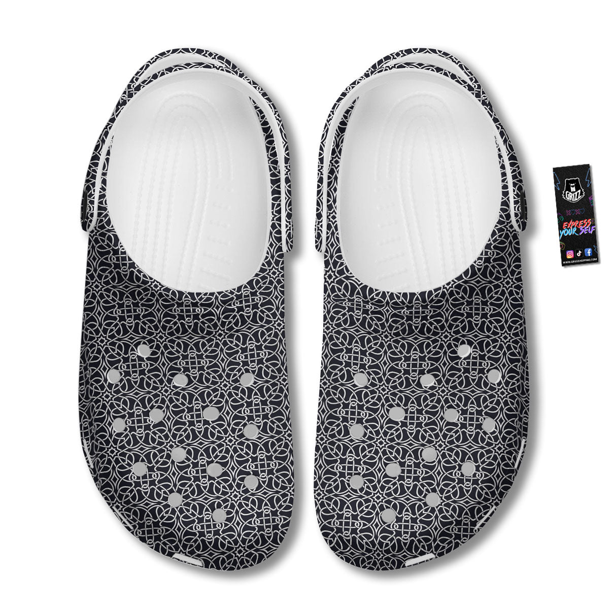 Celtic White And Black Print Pattern Clog-grizzshop