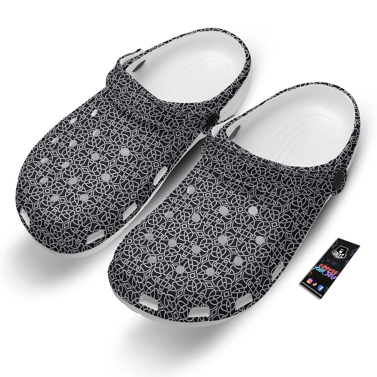 Celtic White And Black Print Pattern Clog-grizzshop