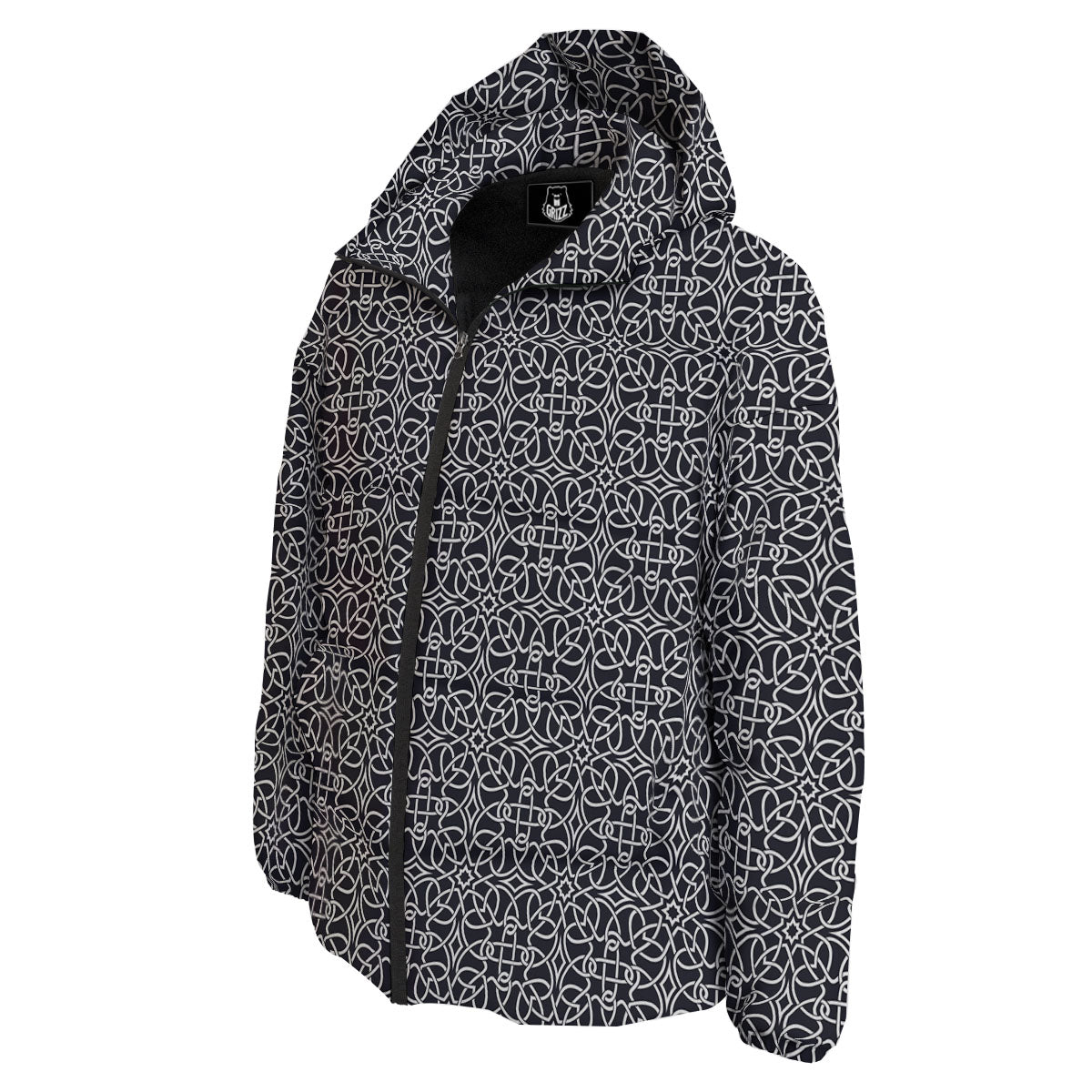 Celtic White And Black Print Pattern Down Jacket-grizzshop