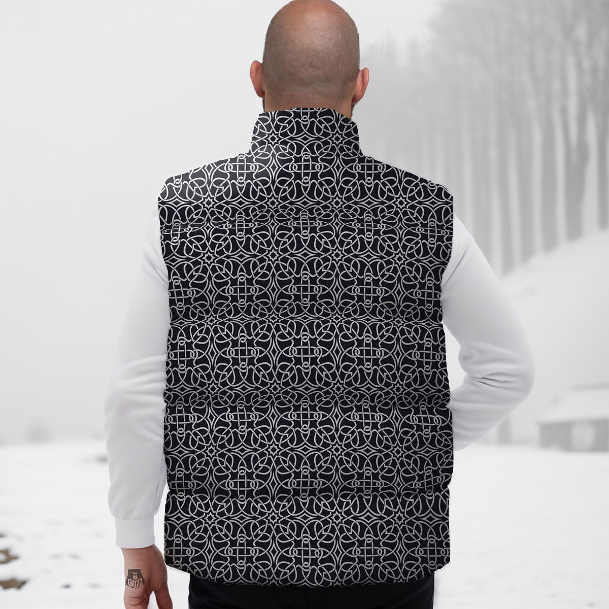 Celtic White And Black Print Pattern Down Vest