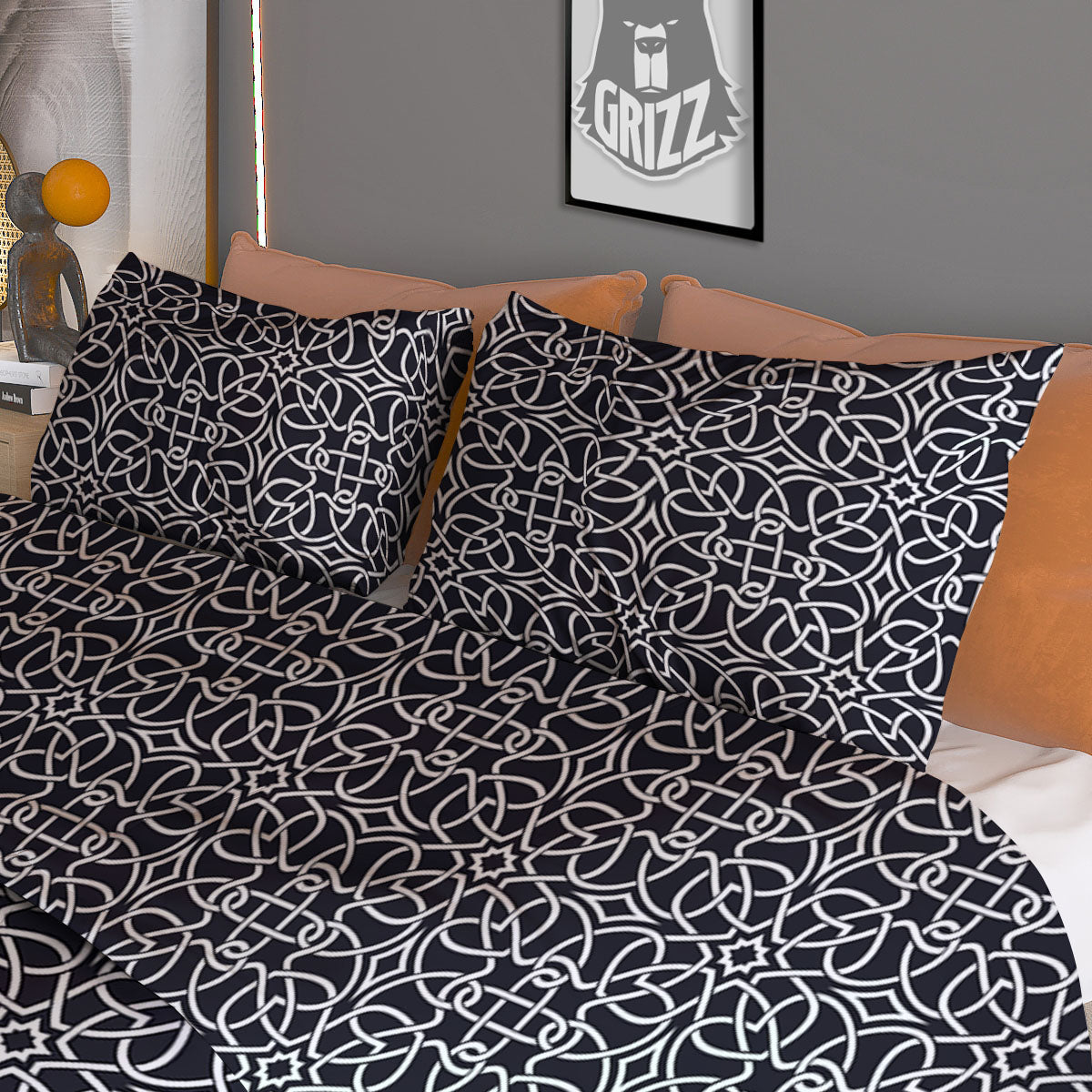 Celtic White And Black Print Pattern Duvet Cover Bedding Set