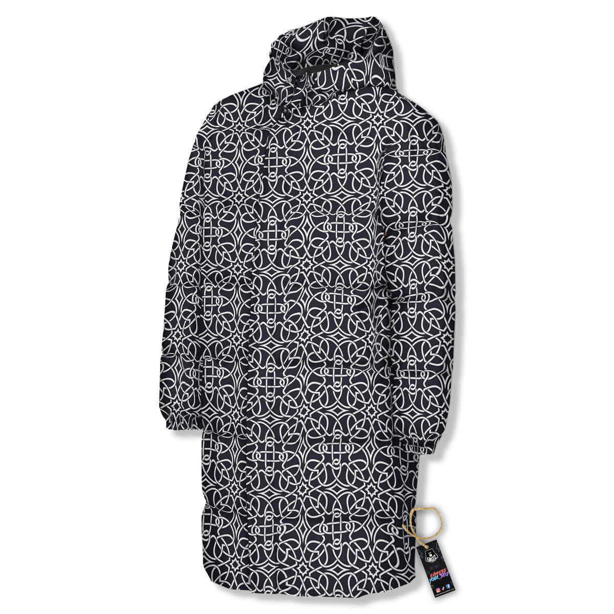 Celtic White And Black Print Pattern Long Down Jacket-grizzshop
