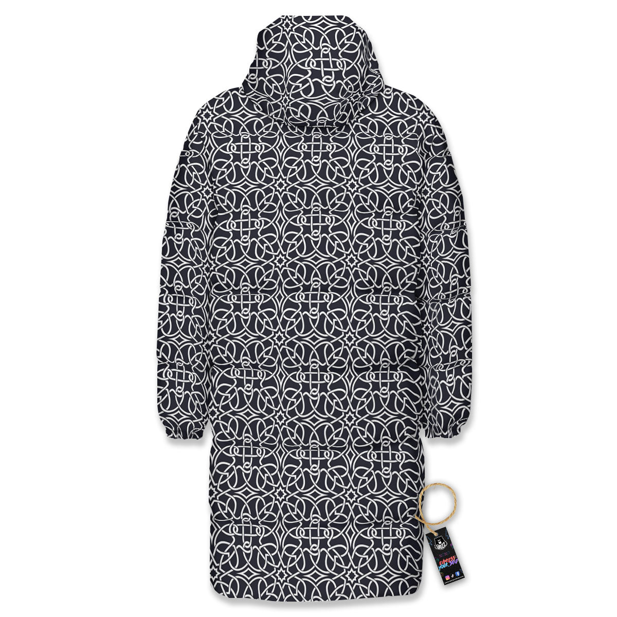 Celtic White And Black Print Pattern Long Down Jacket-grizzshop
