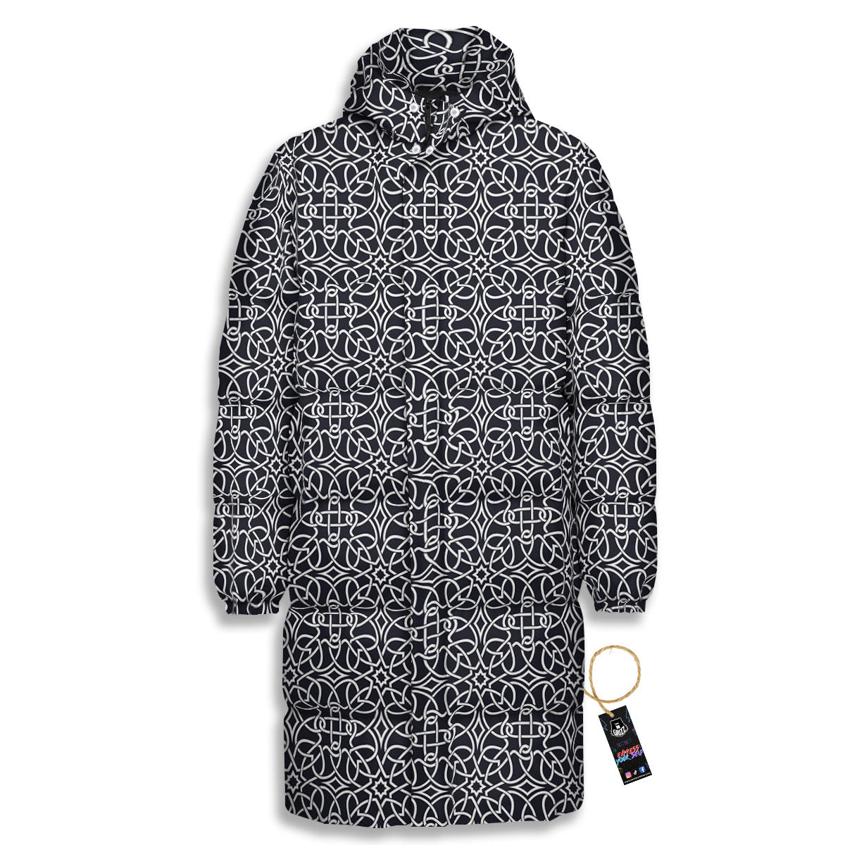 Celtic White And Black Print Pattern Long Down Jacket-grizzshop