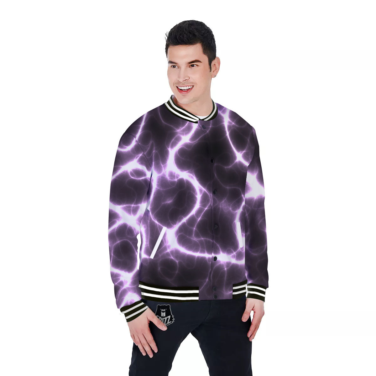 Chain Lightning Print Baseball Jacket-grizzshop