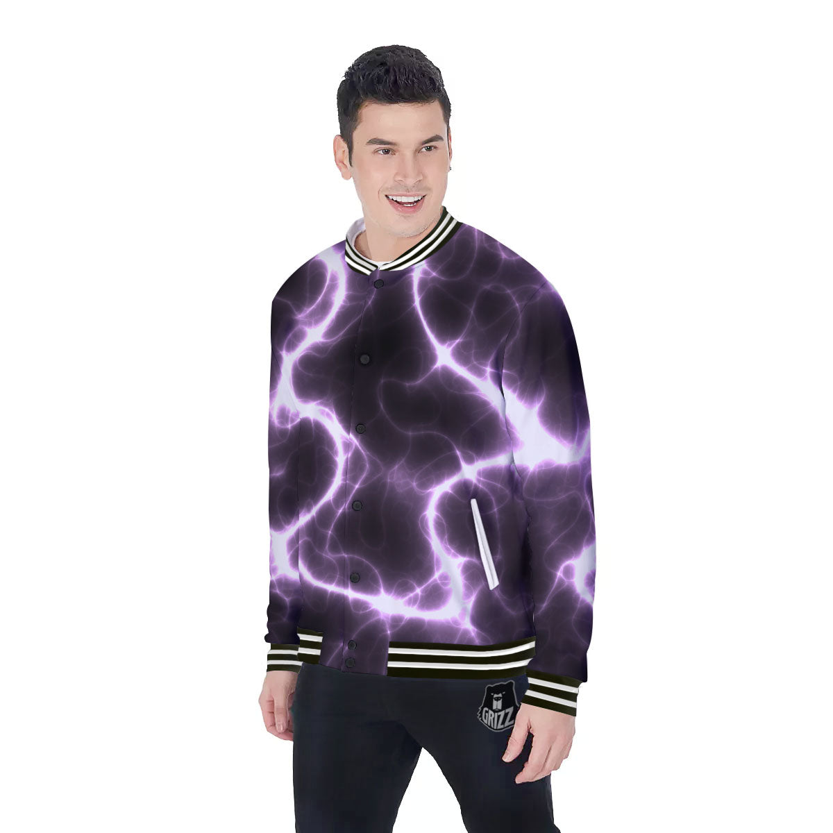 Chain Lightning Print Baseball Jacket-grizzshop