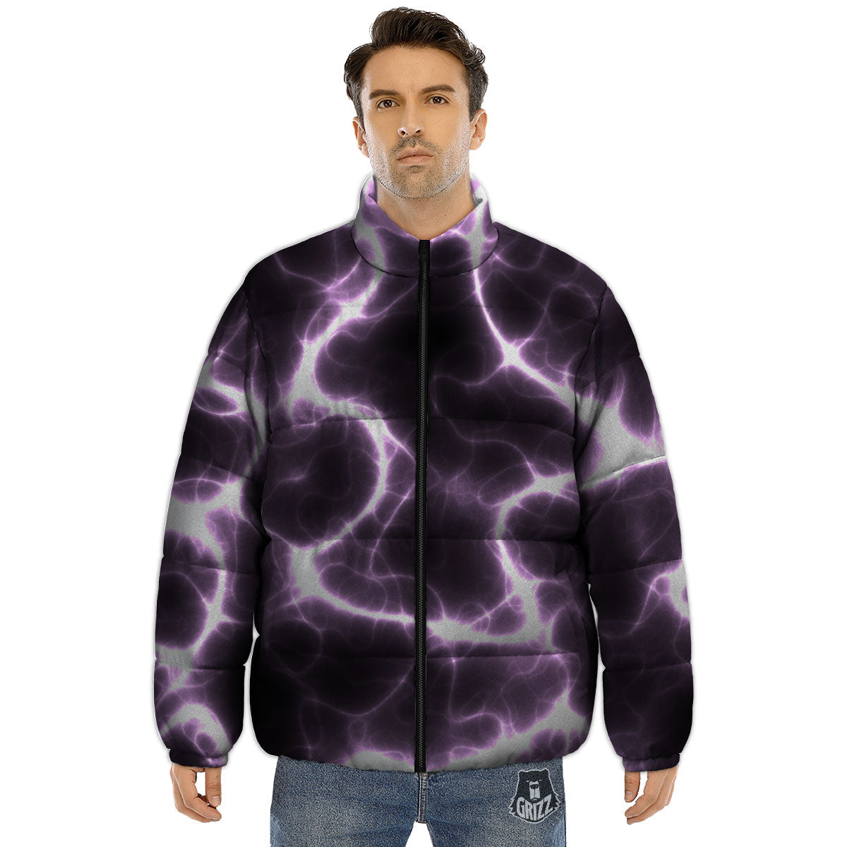 Chain Lightning Print Puffer Jacket-grizzshop
