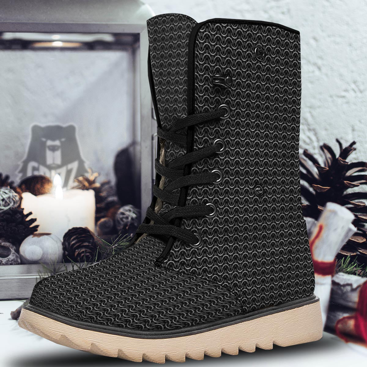 Chainmail Black Print Pattern Snow Boots-grizzshop