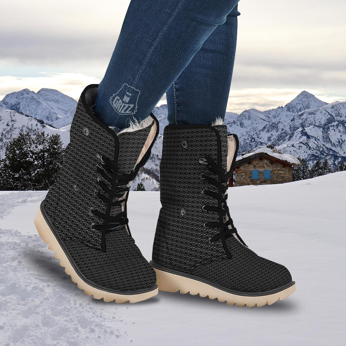 Chainmail Black Print Pattern Snow Boots-grizzshop
