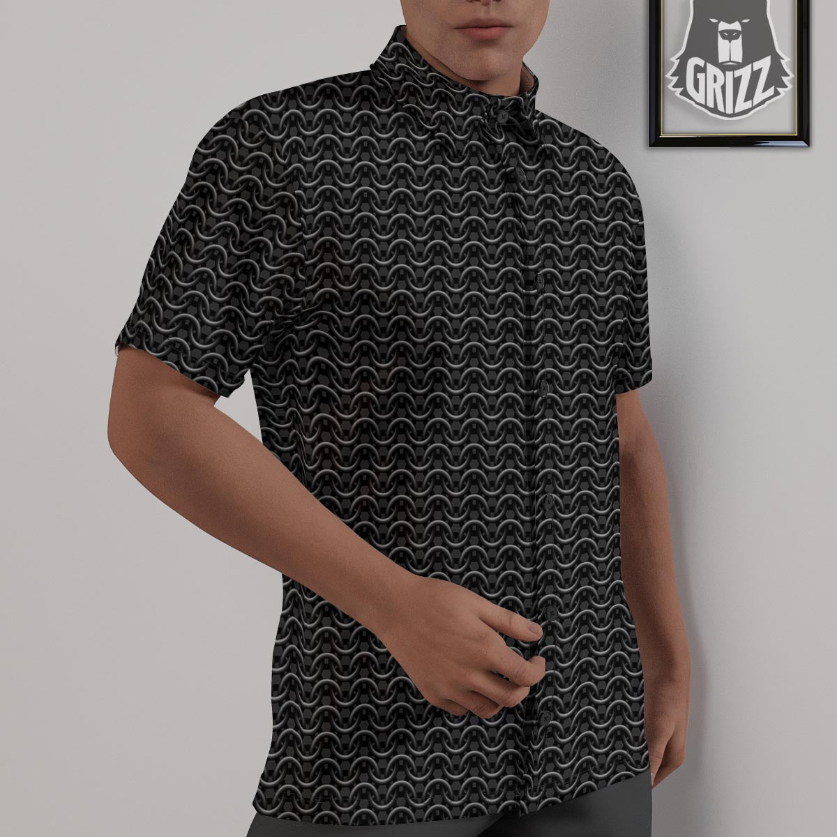 Chainmail Black Print Pattern Untucked Shirts-grizzshop