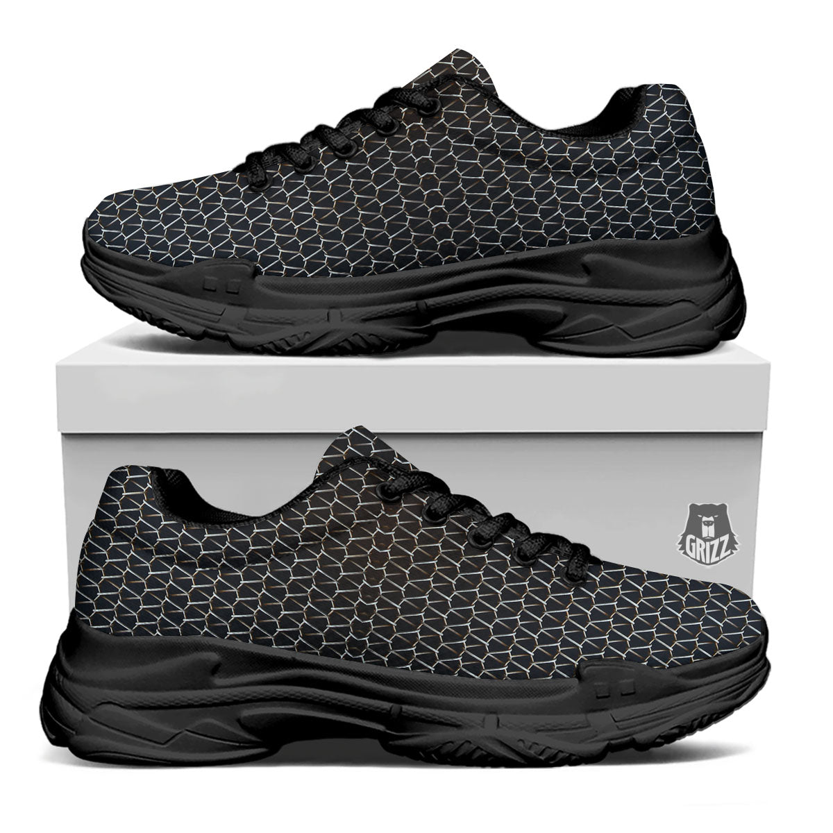 Chainmail Metal Print Pattern Black Chunky Shoes-grizzshop
