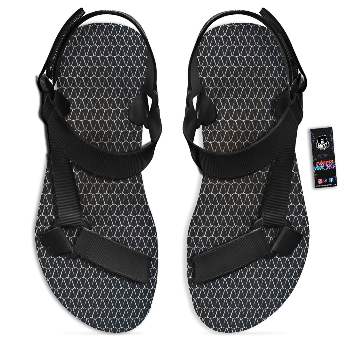 Chainmail Metal Print Pattern Black Open Toe Sandals-grizzshop
